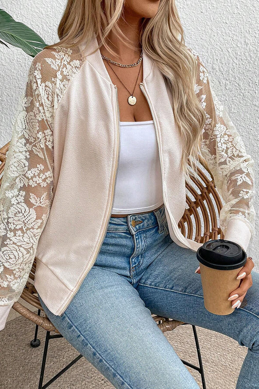 Lace Sleeve Zipper Jacket