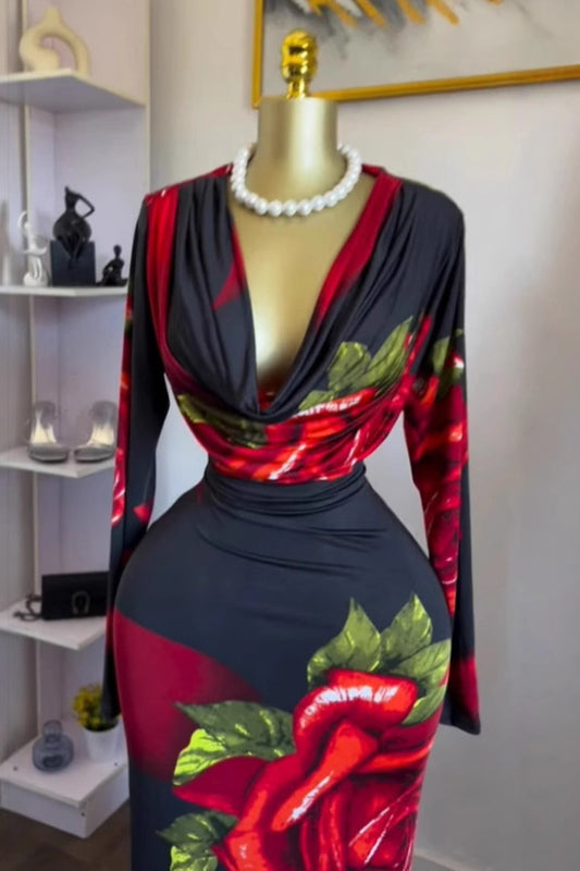 Rose Print Long Sleeve Casual Dress