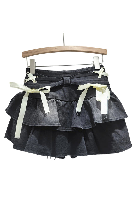 Bow-Adorned Frill Denim Skirt