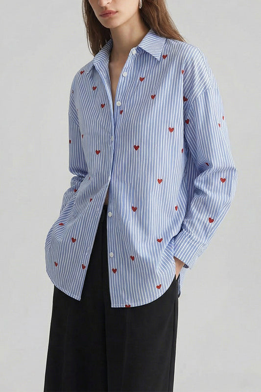 Heart Pattern Striped Oversized Blouse