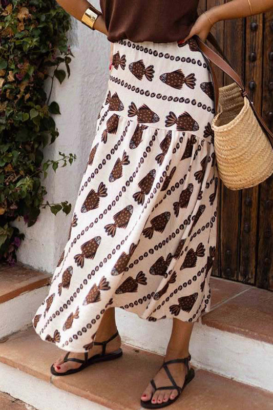 Fish Print Midi Skirt with Patterned Detail