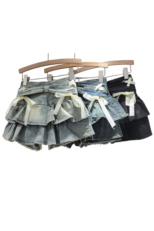 Bow-Adorned Frill Denim Skirt