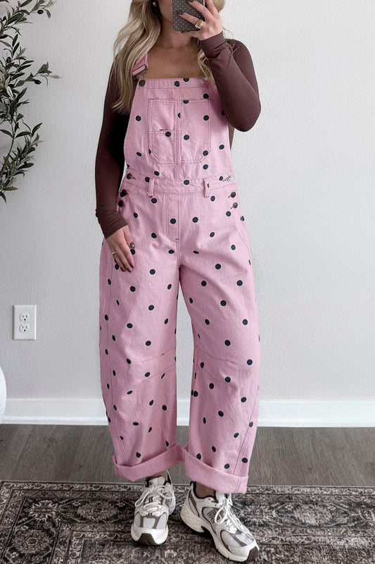 Polka Dot Denim Barrel Overalls Jumpsuit