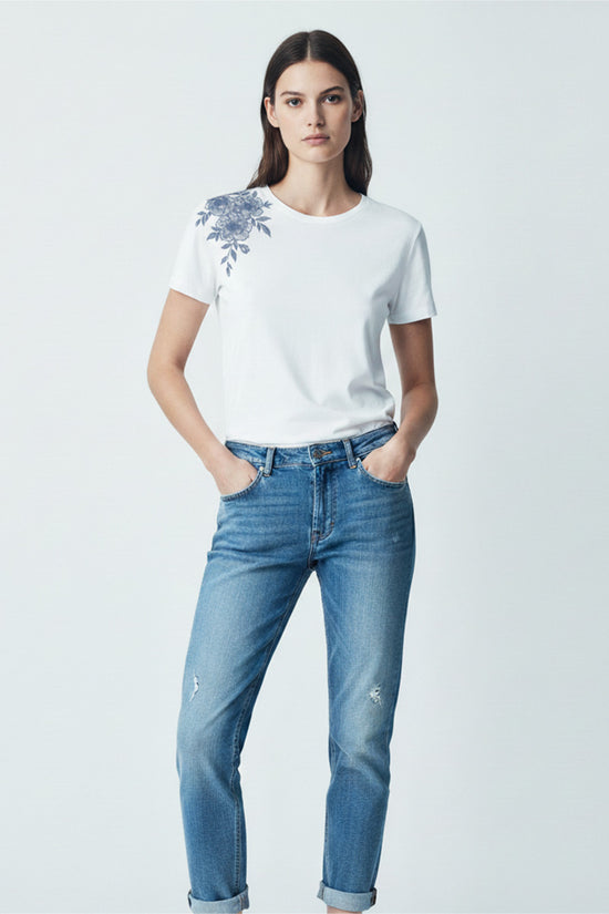 Floral Shoulder Embroidered T-Shirt