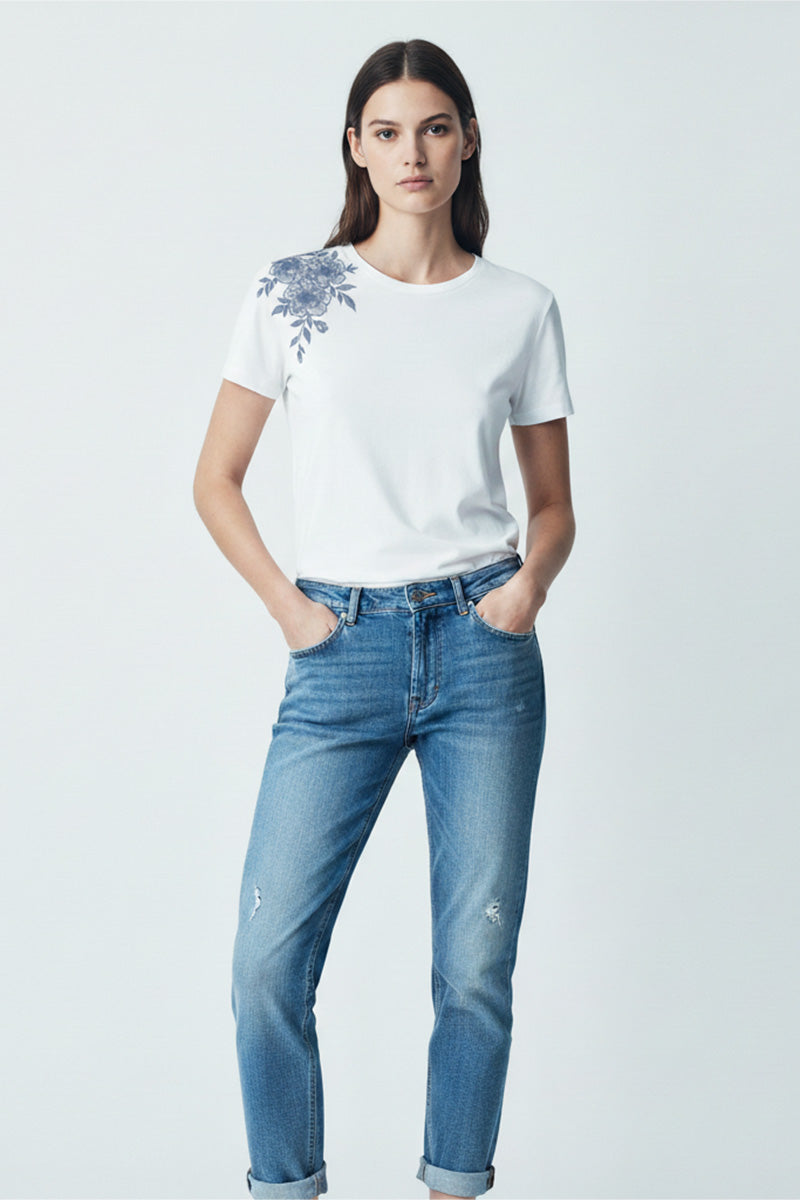 Floral Shoulder Embroidered T-Shirt