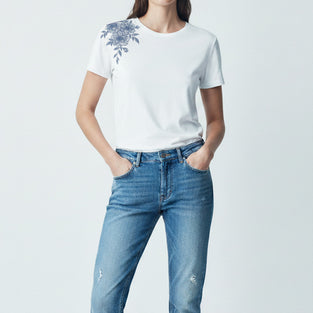 Floral Shoulder Embroidered T-Shirt