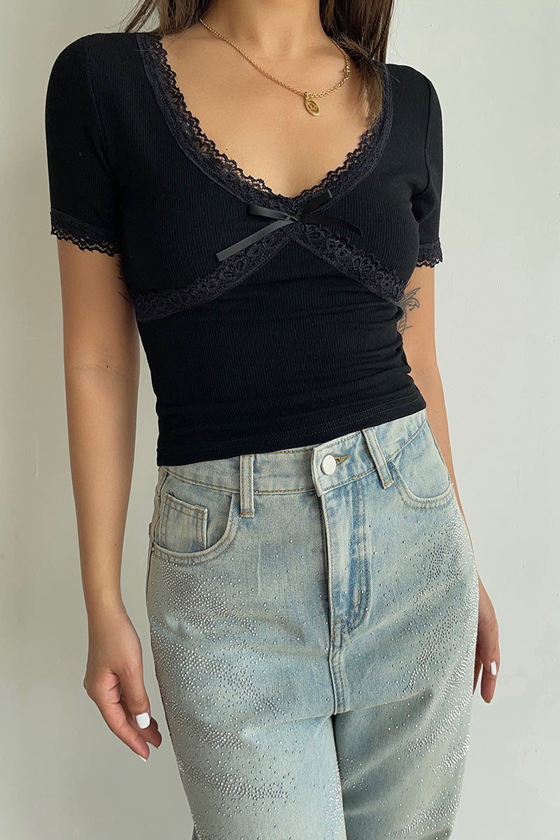 Lace Trim Crossover Crop Tee