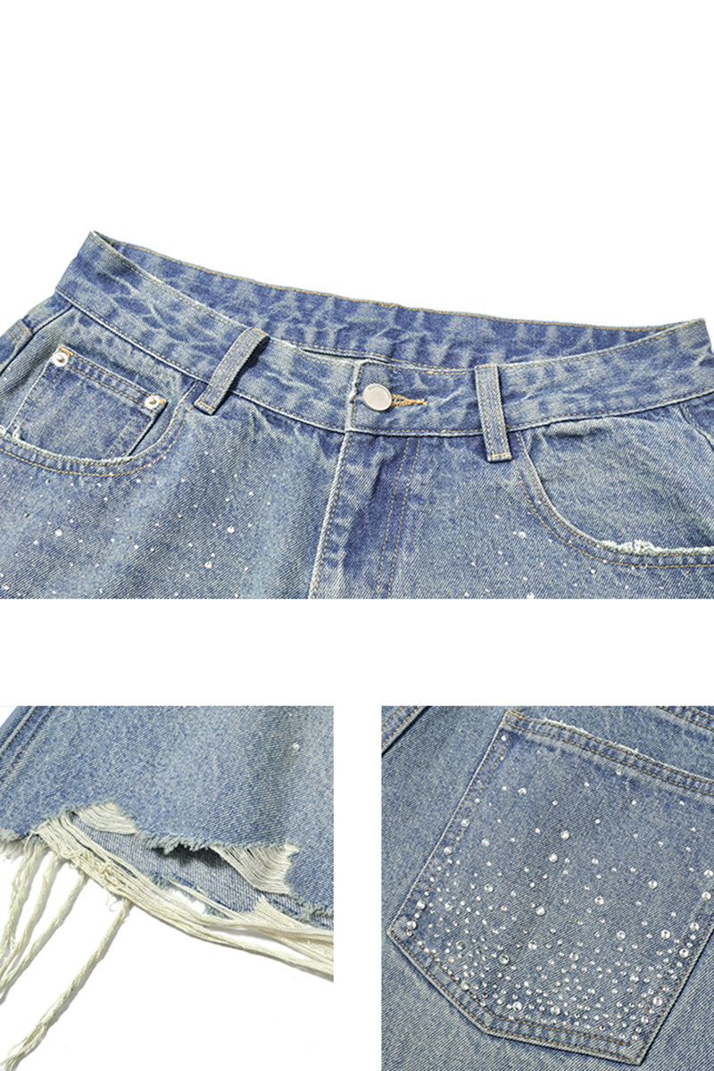 Distressed Sparkle Denim Bermuda Shorts