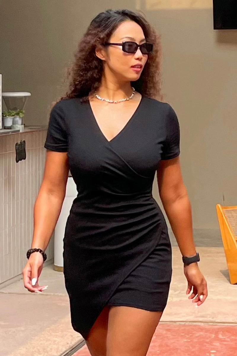 Ruched Bodycon V-Neck Mini Dress