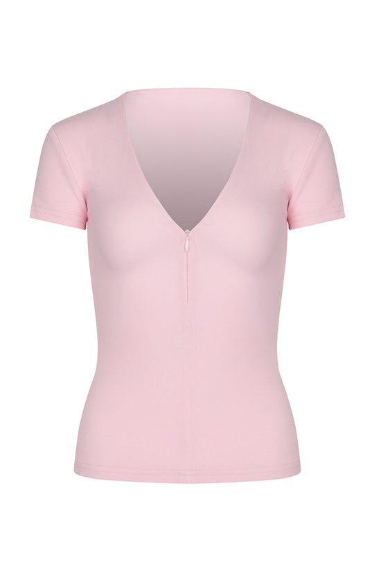 Zip Front Deep V-Neck Tee