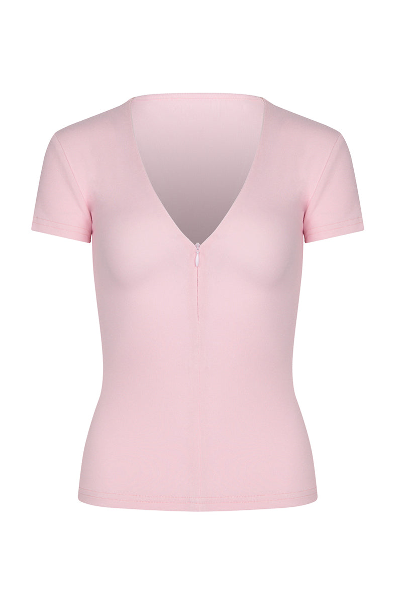 Zip Front Deep V-Neck Tee