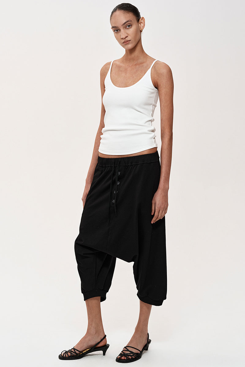 Drop-Crotch Button Front Capri Pants