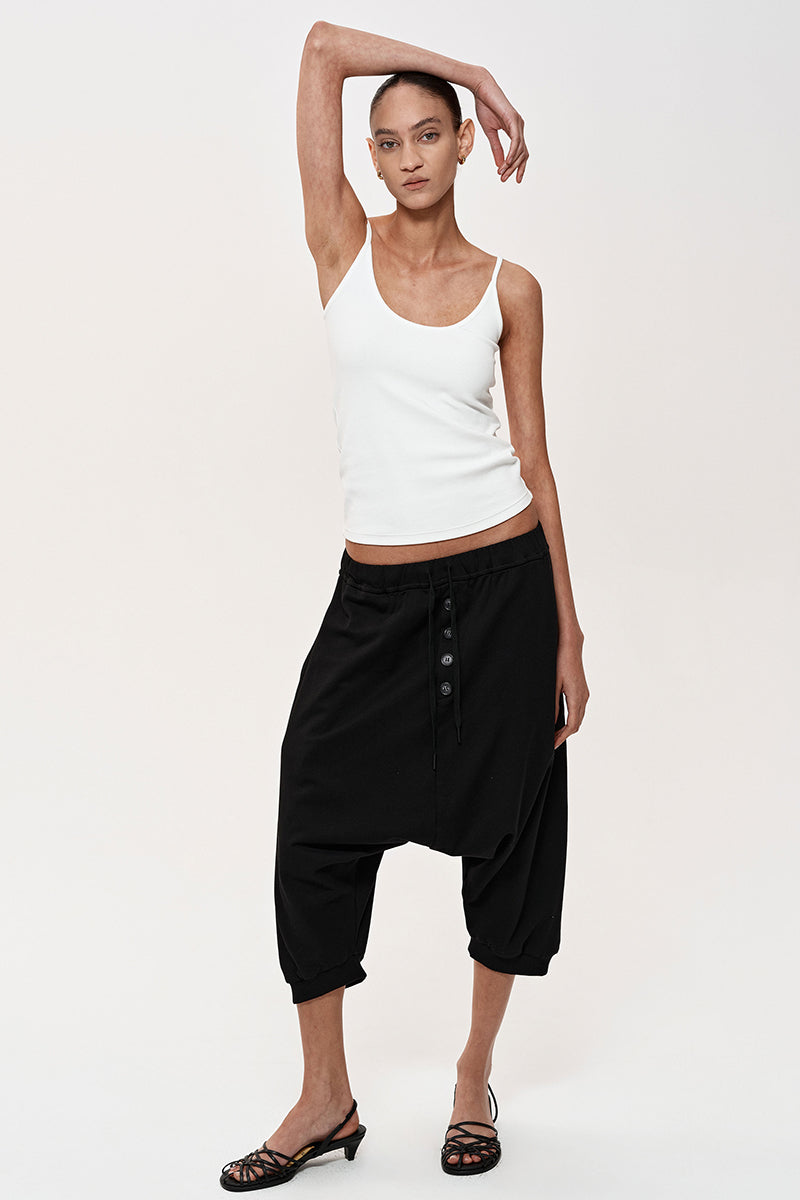 Drop-Crotch Button Front Capri Pants