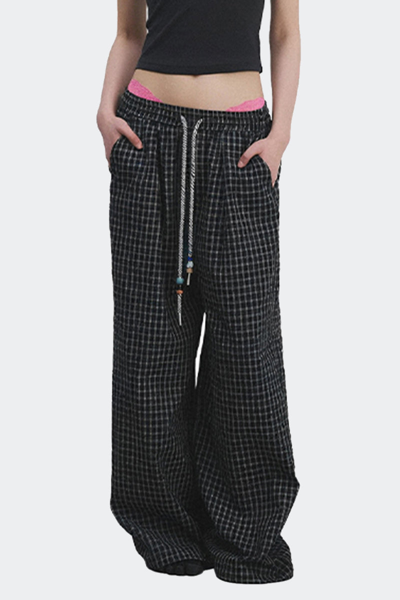 Checked Drawstring Wide Leg Pants