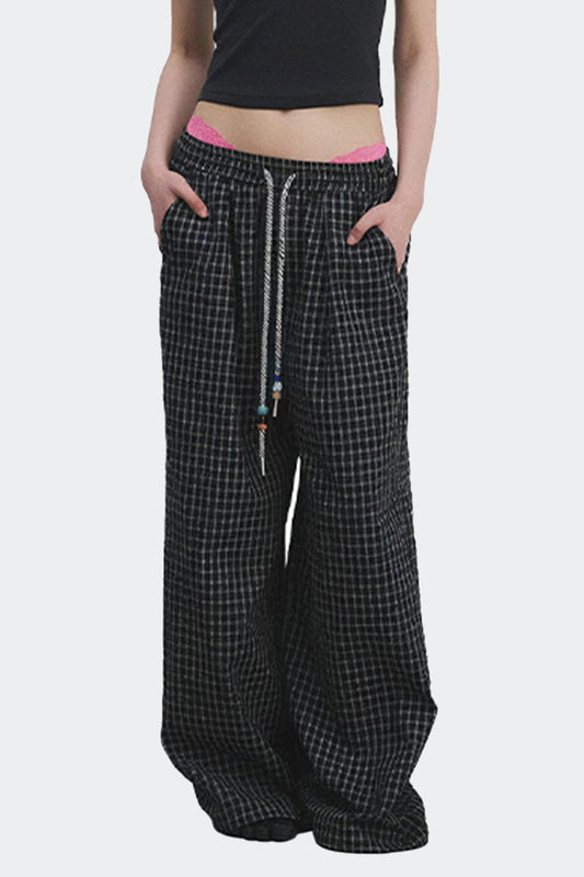 Checked Drawstring Wide Leg Pants