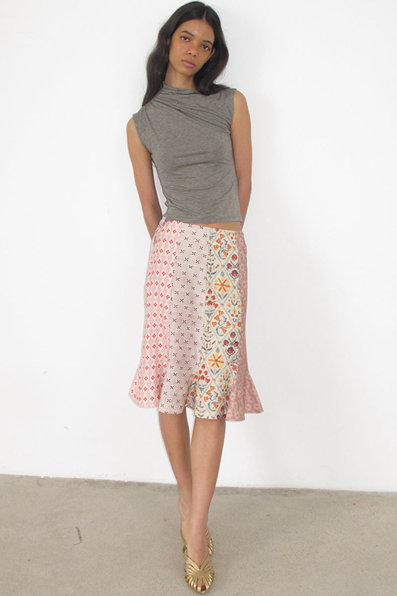 Patchwork Mid-Length Flared Skirt