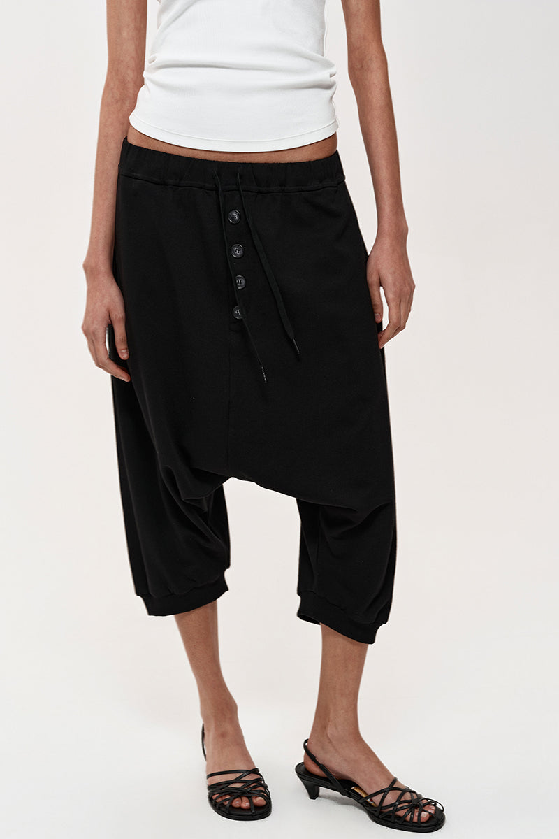 Drop-Crotch Button Front Capri Pants