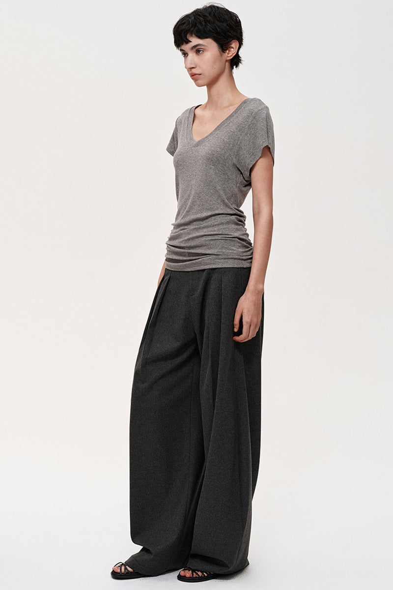 V-Neck Ruched Cap Sleeve T-Shirt