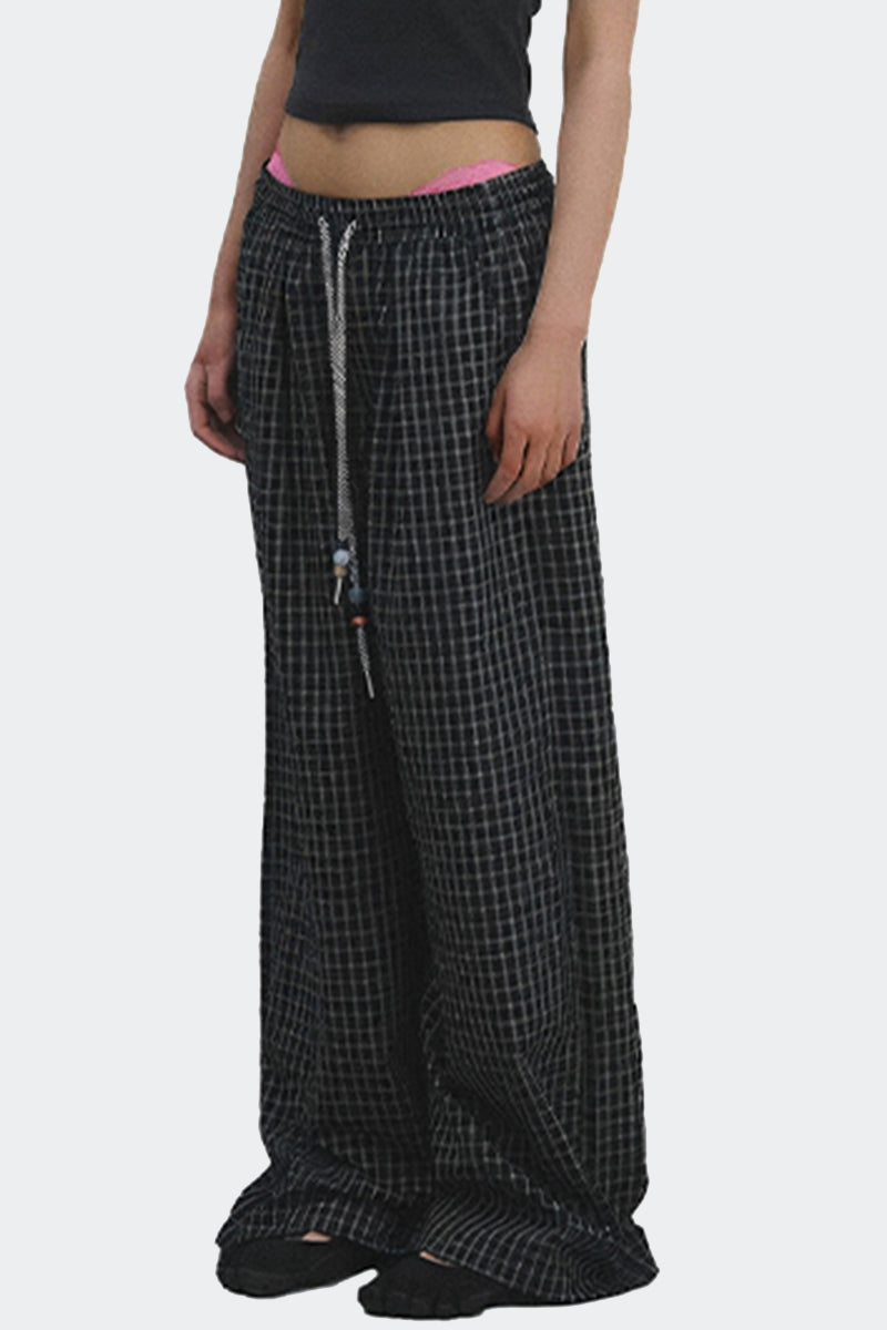 Checked Drawstring Wide Leg Pants