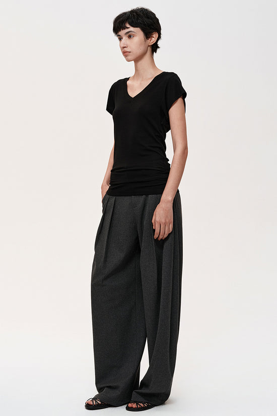 V-Neck Ruched Cap Sleeve T-Shirt
