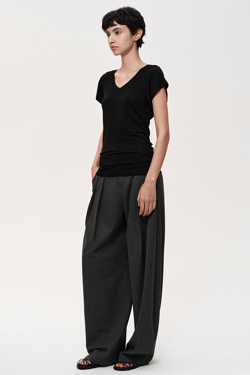 V-Neck Ruched Cap Sleeve T-Shirt