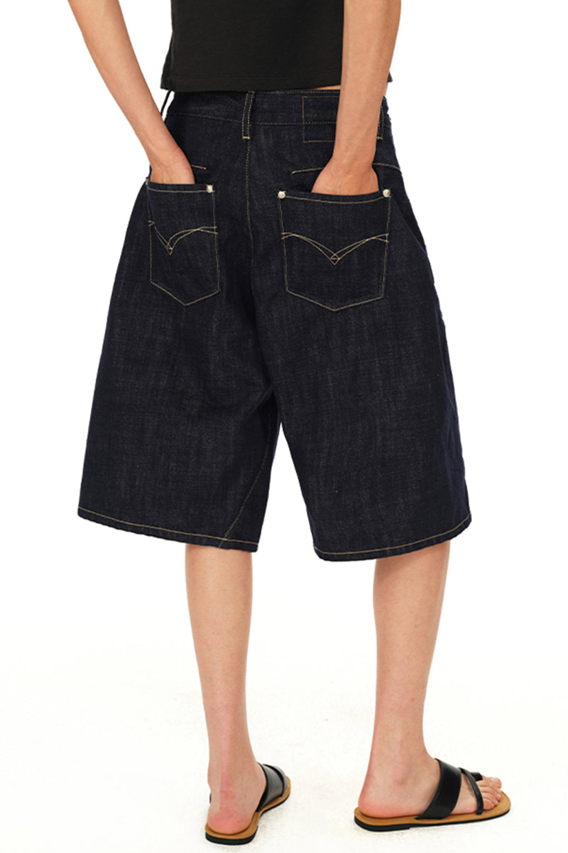 Dark Wash Wide Denim Shorts