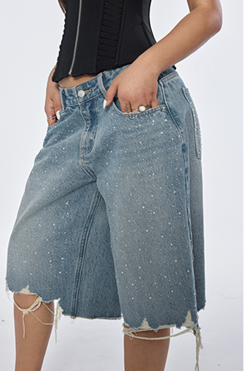 Distressed Sparkle Denim Bermuda Shorts