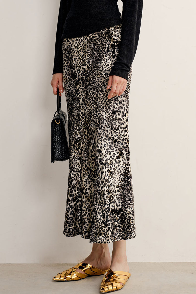 Leopard Print Satin Midi Skirt