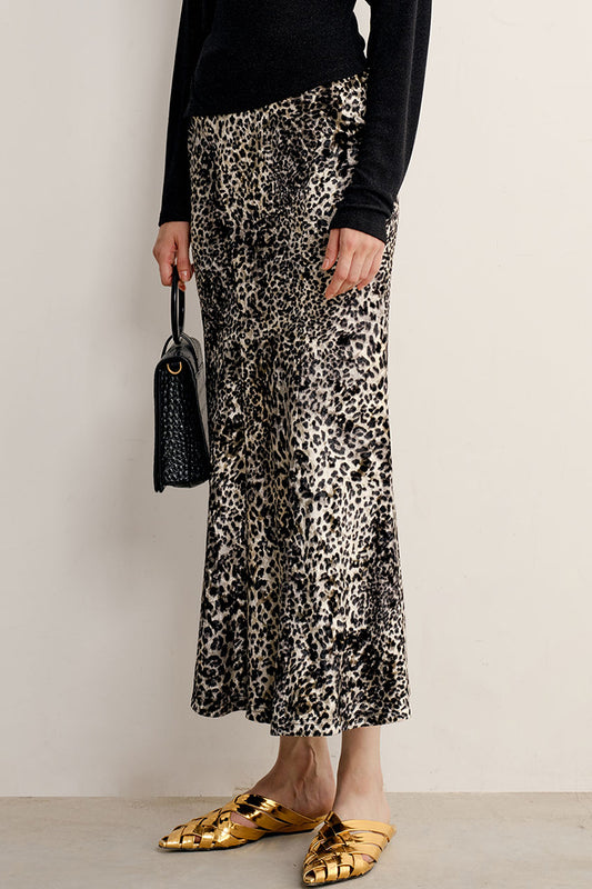 Leopard Print Satin Midi Skirt