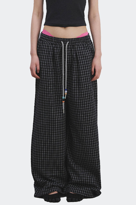 Checked Drawstring Wide Leg Pants