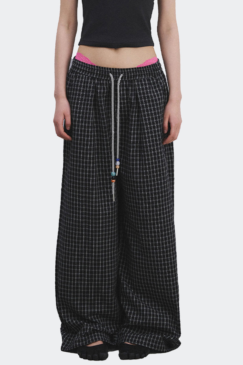 Checked Drawstring Wide Leg Pants