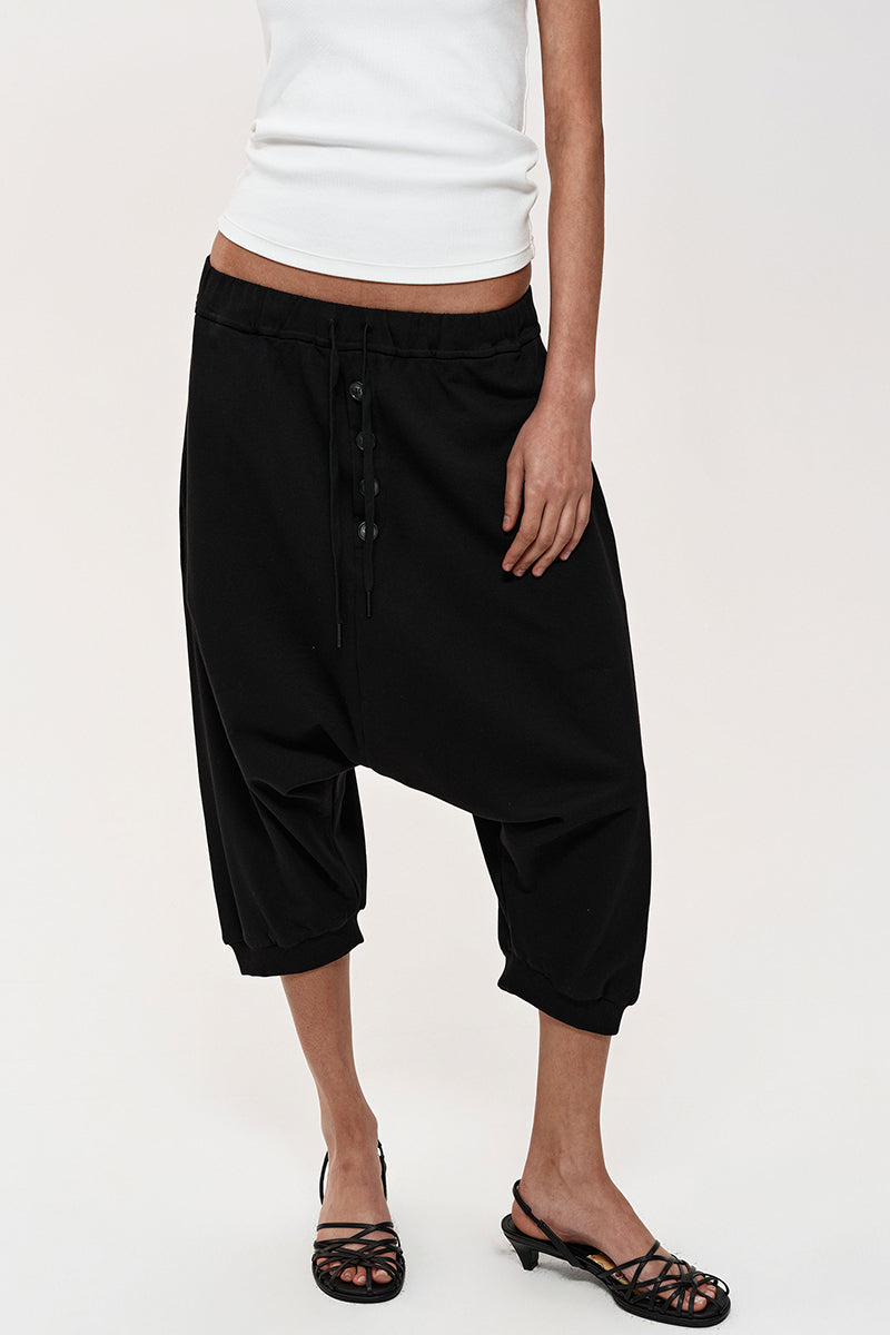 Drop-Crotch Button Front Capri Pants
