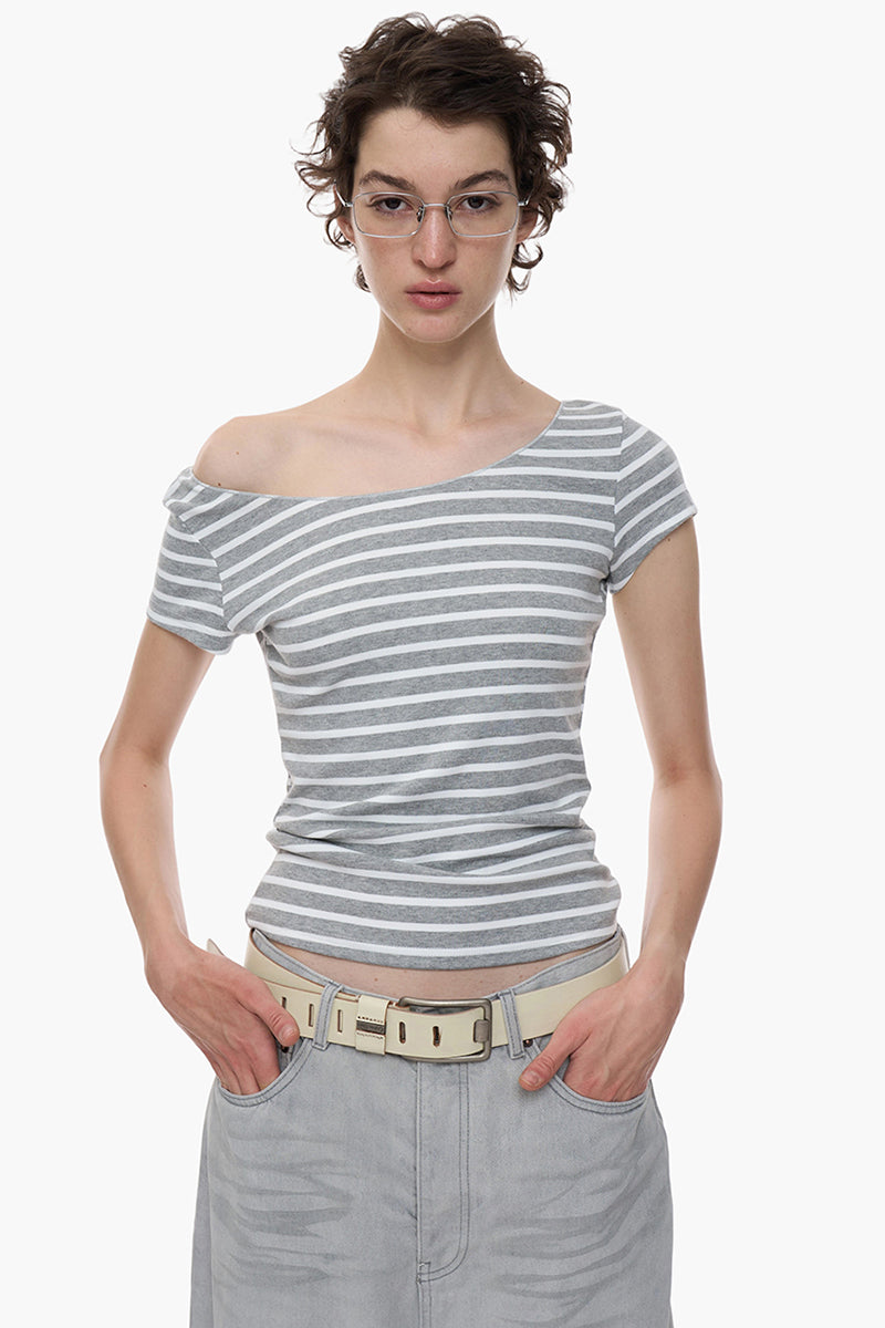 Off Shoulder Striped Fitted Tee
