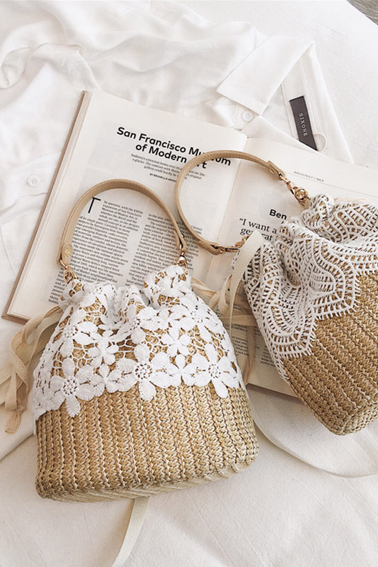 Floral Accents Straw Drawstring Bag