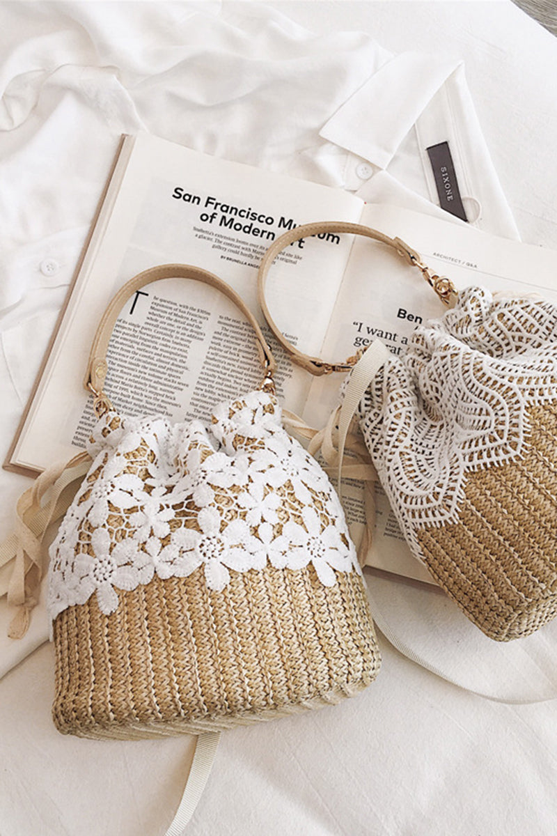 Floral Accents Straw Drawstring Bag