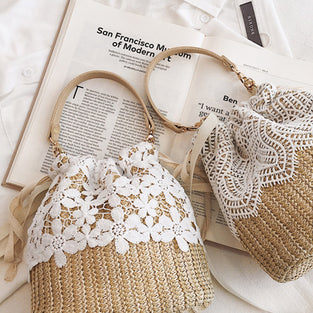 Floral Accents Straw Drawstring Bag