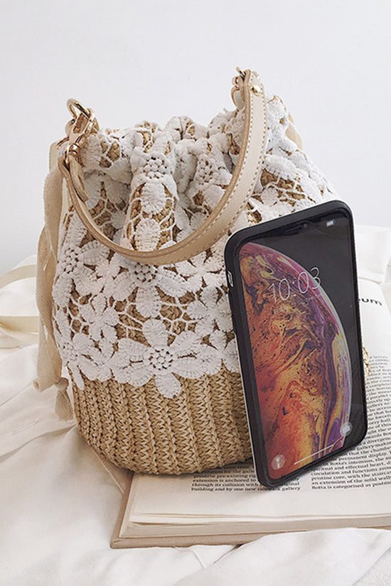 Floral Accents Straw Drawstring Bag