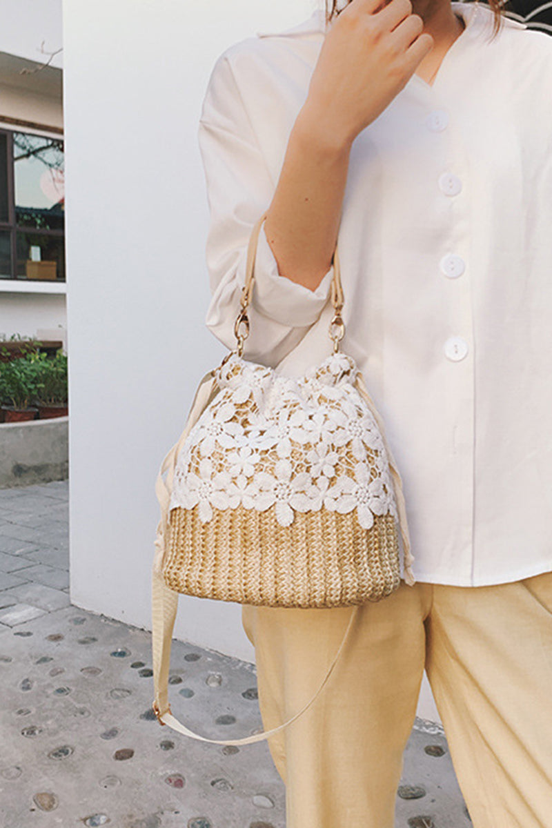 Floral Accents Straw Drawstring Bag