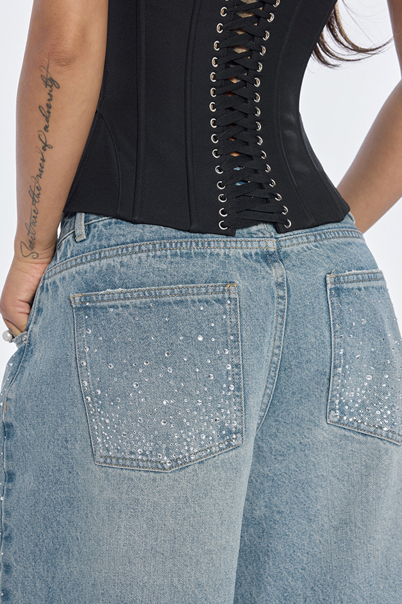 Distressed Sparkle Denim Bermuda Shorts