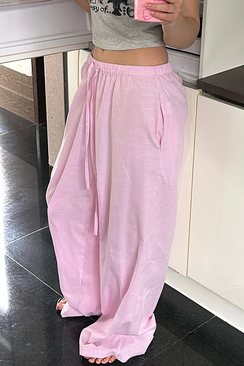 Pink Striped Elastic Waist Pants