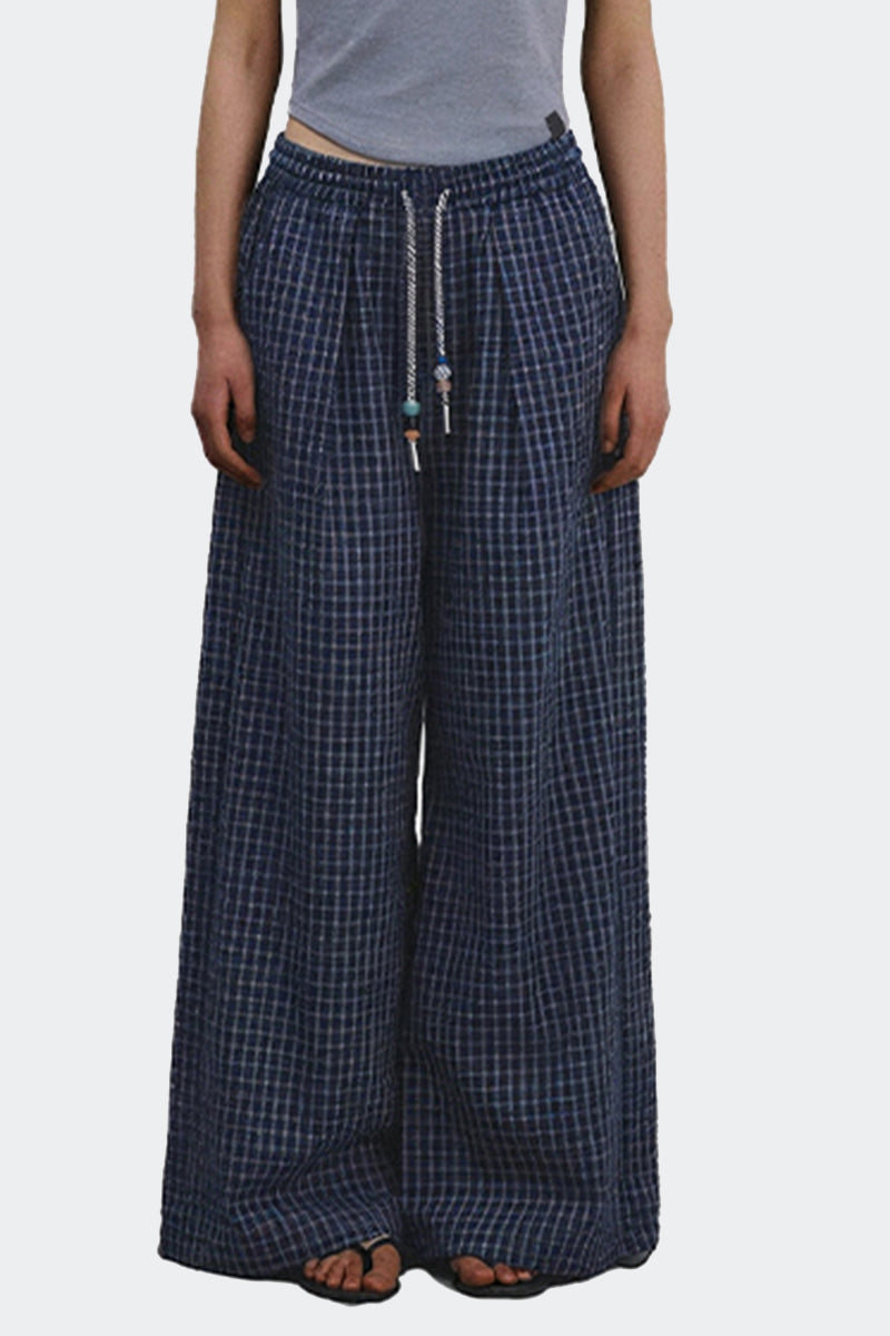 Checked Drawstring Wide Leg Pants