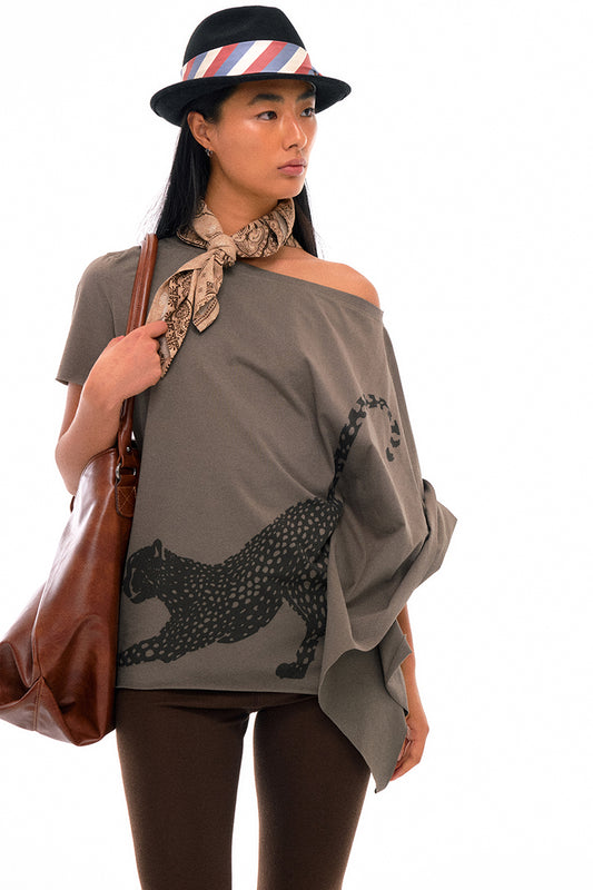 Asymmetrical Panther Print Knit Top