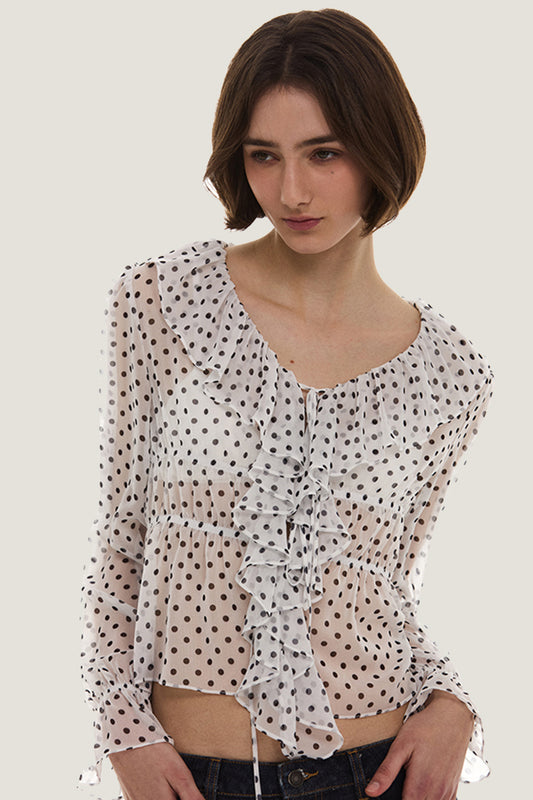 Ruffle Trim Polka Dot Blouse