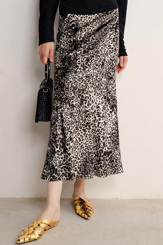 Leopard Print Satin Midi Skirt