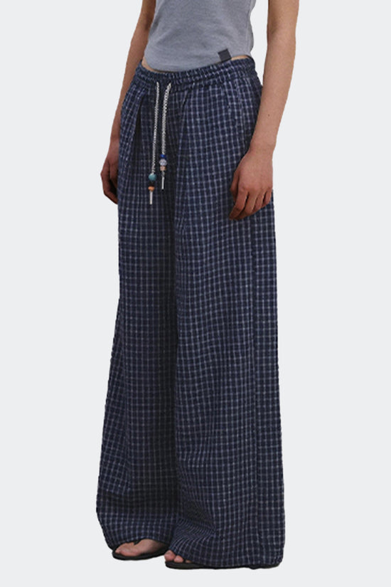 Checked Drawstring Wide Leg Pants