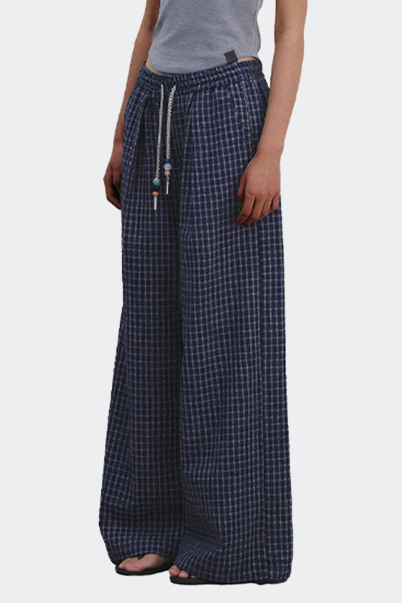 Checked Drawstring Wide Leg Pants