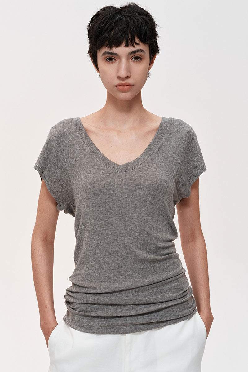 V-Neck Ruched Cap Sleeve T-Shirt