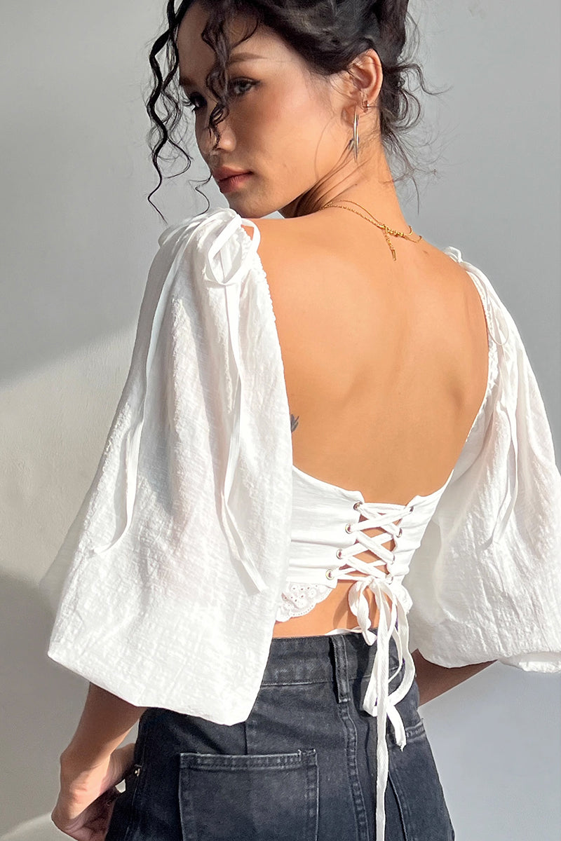 Lace Trim Puff Sleeve Crop Top