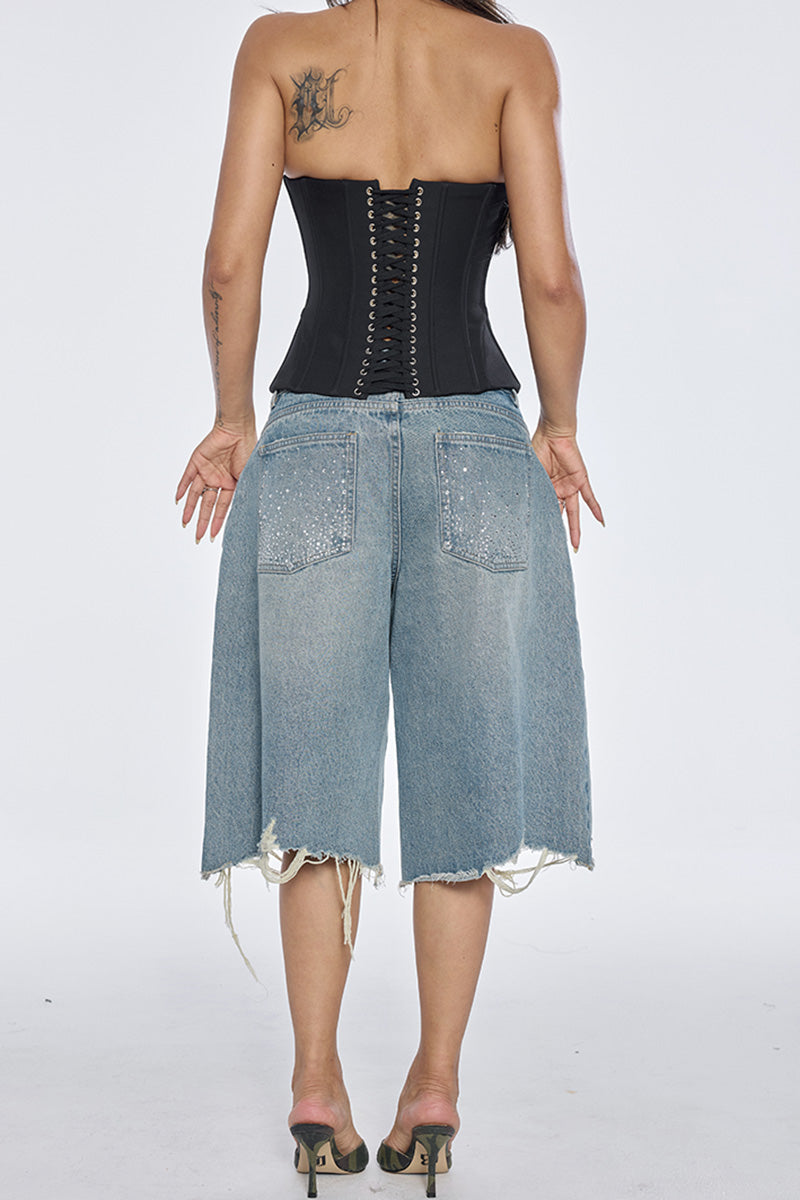 Distressed Sparkle Denim Bermuda Shorts