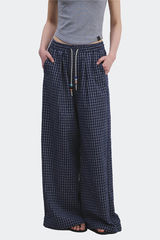 Checked Drawstring Wide Leg Pants